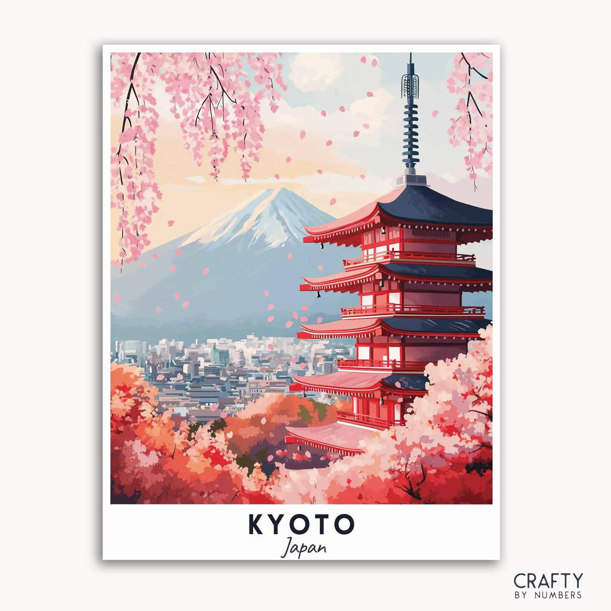 Un kit de carteles de viaje para pintar por números que representa una serena pagoda con flores de cerezo y el Monte Fuji al fondo, titulado "KYOTO Japón".