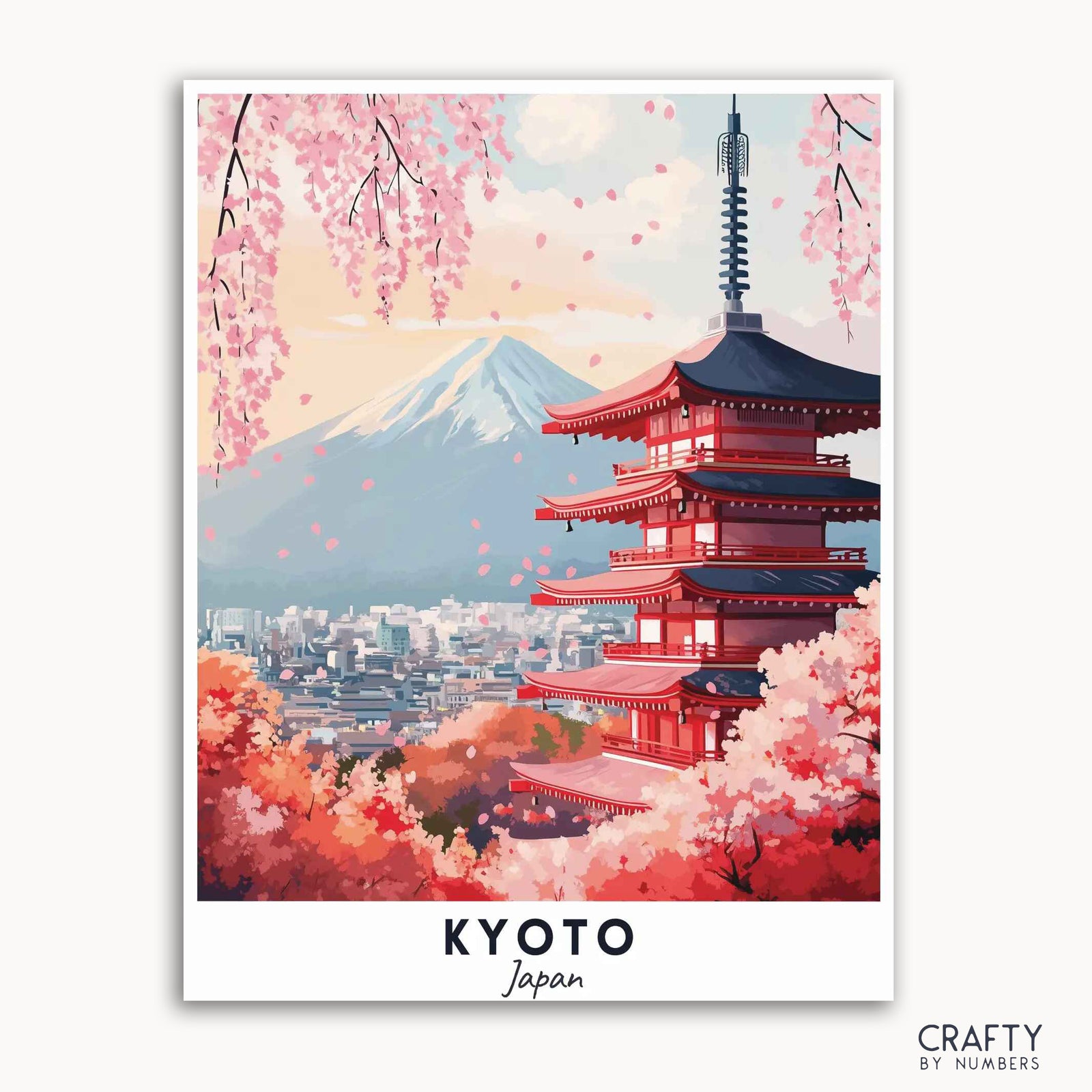 Un kit de carteles de viaje para pintar por números que representa una serena pagoda con flores de cerezo y el Monte Fuji al fondo, titulado "KYOTO Japón".
