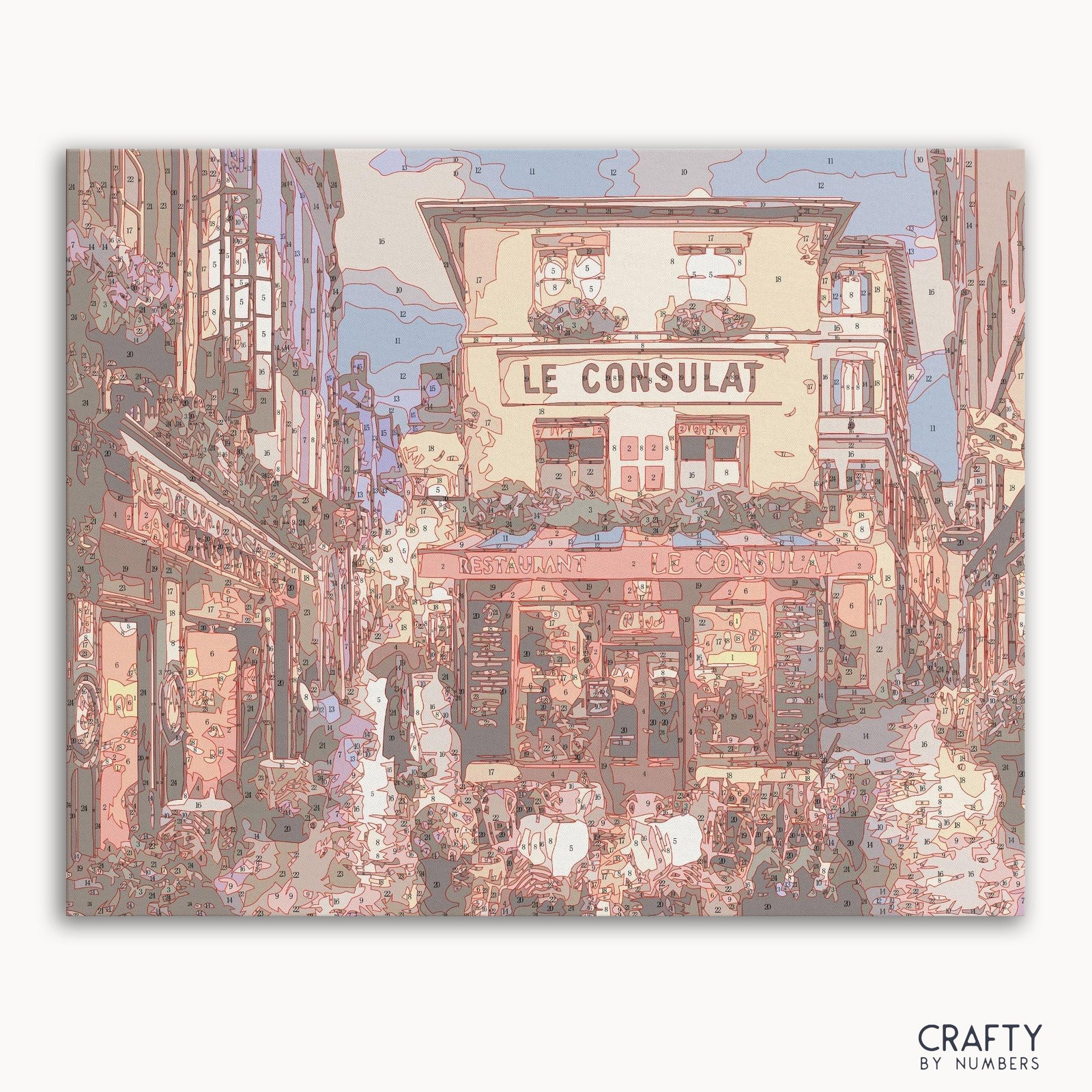 Restaurante Le Consulat Vistas pintadas por números que representan una encantadora escena callejera inspirada en cuadros famosos y cuadros famosos de Van Gogh.