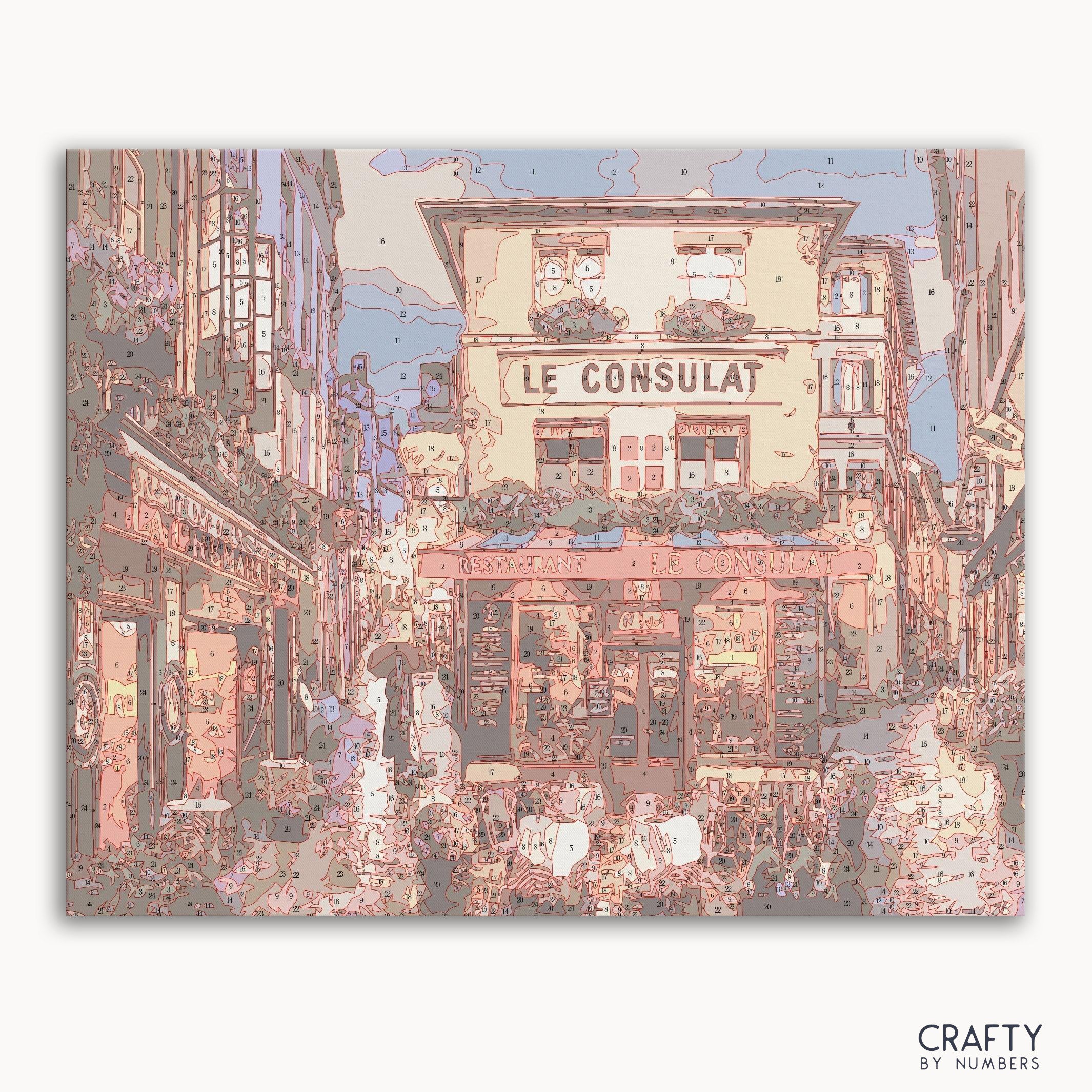 Le Consulat Restaurant Views paint by number depicting a charming street scene inspired by famous paintings and van gogh famous paintings.