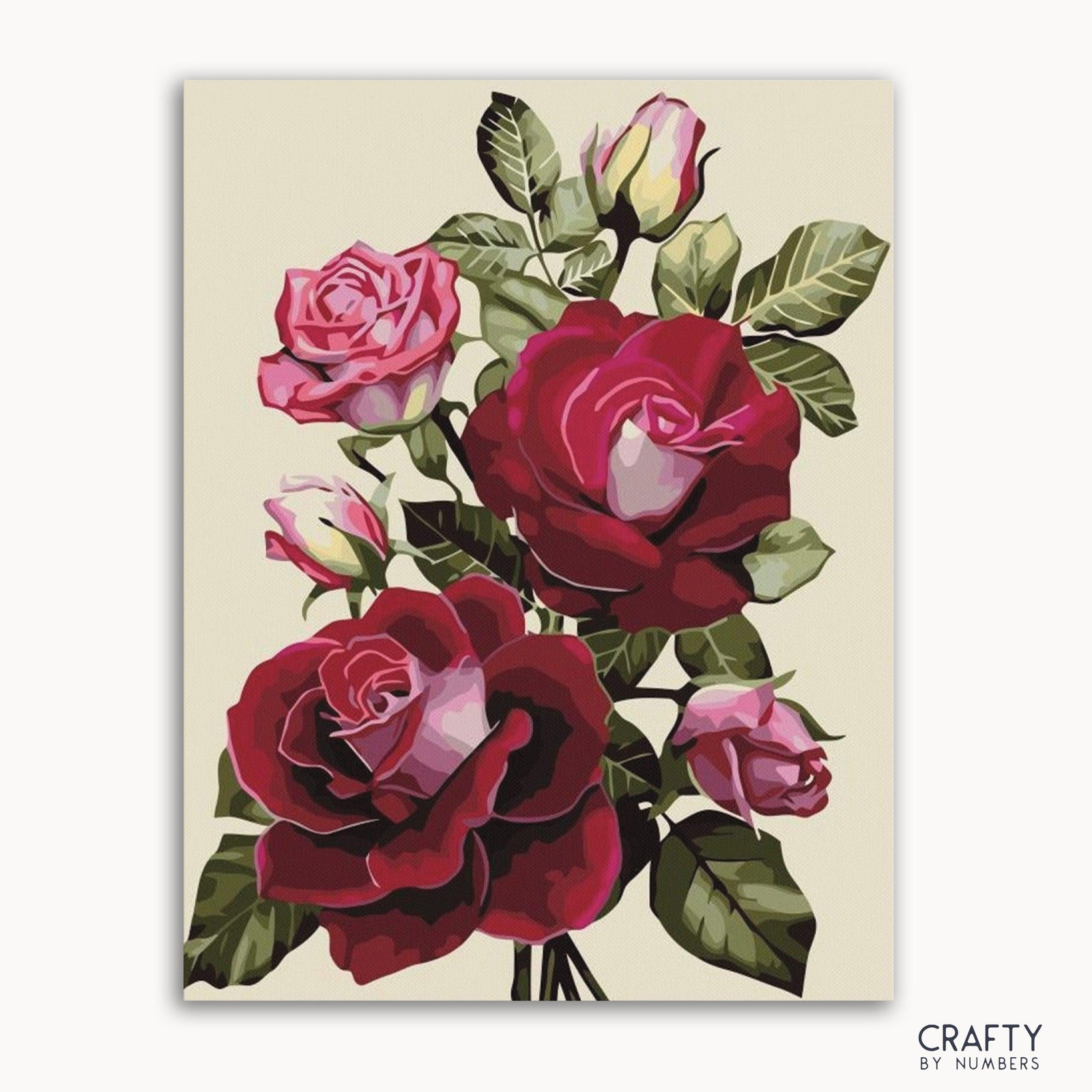 Imagen de un kit de pintura por números que presenta una naturaleza muerta con rosas rojas y rosadas.