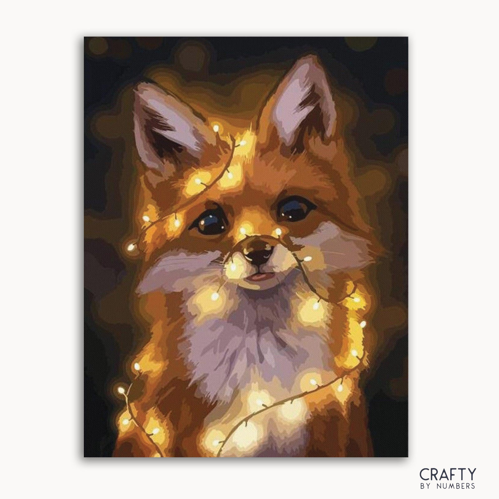 Imagen de un kit de pintura por números que presenta un zorro con un fondo iluminado.