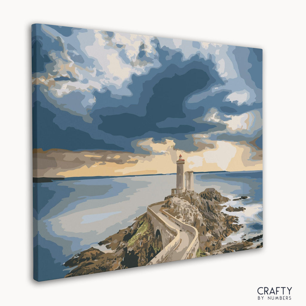 Angled view of the Lighthouse Sunset canvas artwork.