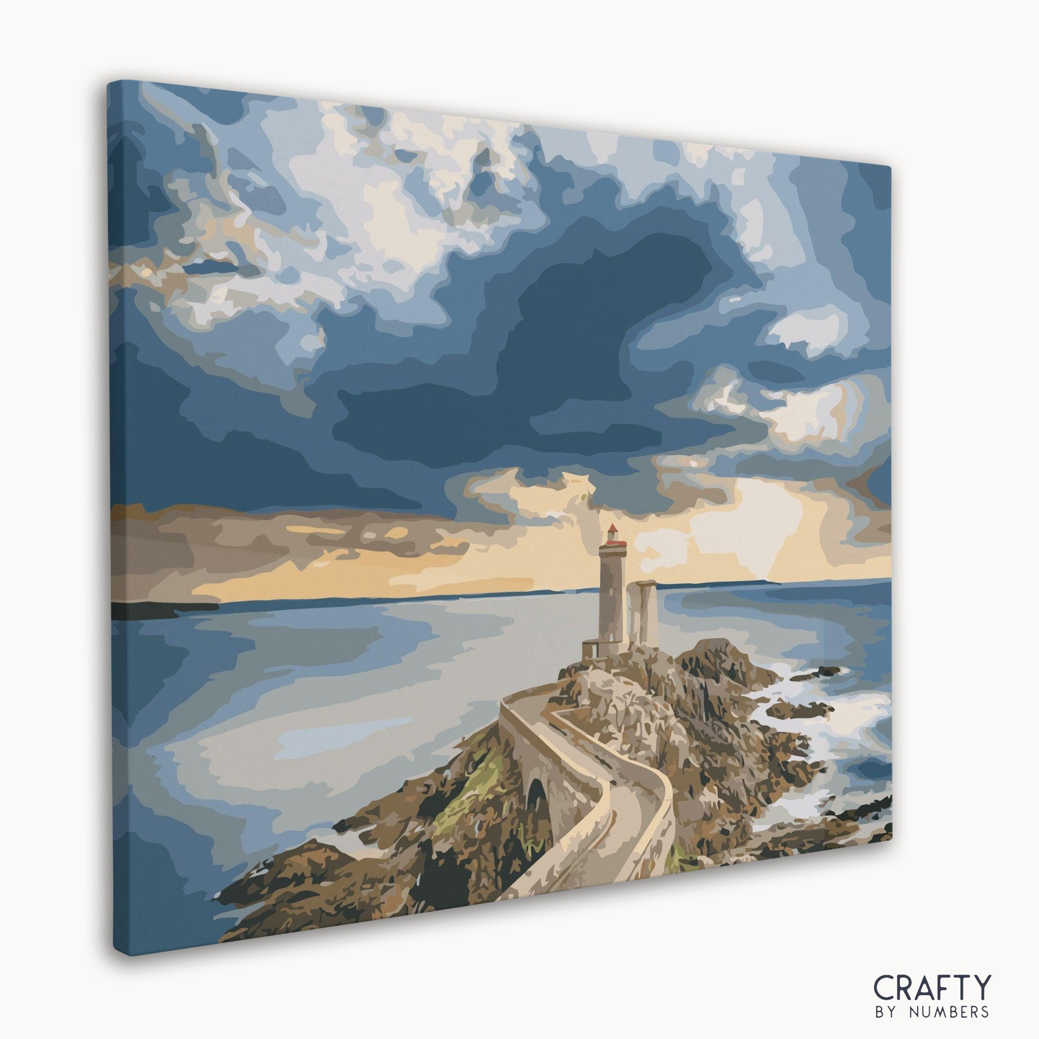 DIY paint by numbers canvas of lighthouse at sunset