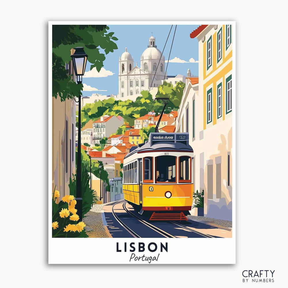A travel poster depicting a vibrant scene of Lisbon, Portugal with a yellow tram, colorful buildings, and the National Pantheon in the background.