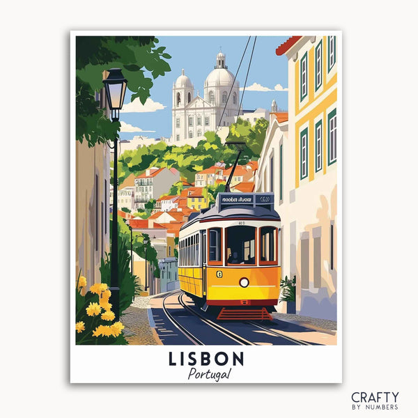 A travel poster depicting a vibrant scene of Lisbon, Portugal with a yellow tram, colorful buildings, and the National Pantheon in the background.