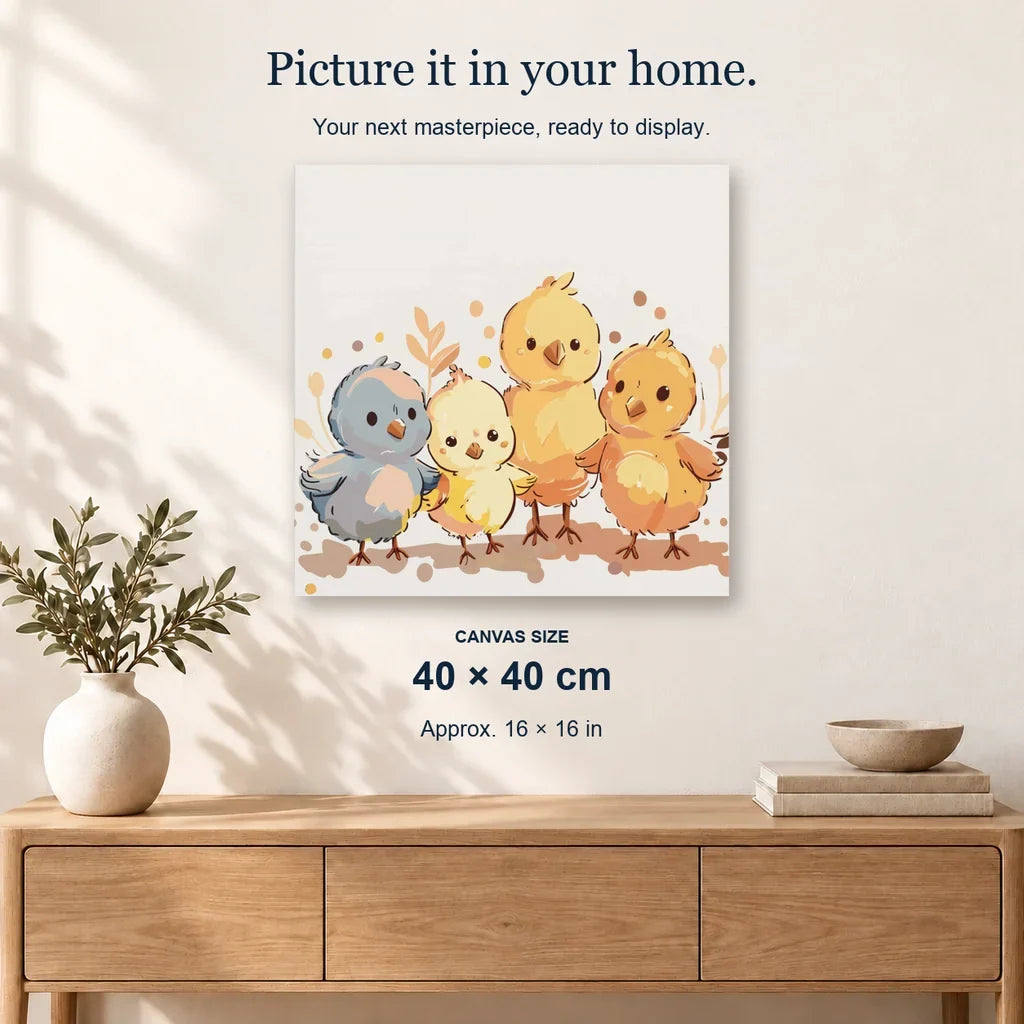 Little Chick Parade displayed on a sunlit wall. Canvas size 40 × 40 cm.