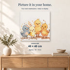 Little Chick Parade displayed on a sunlit wall. Canvas size 40 × 40 cm.