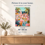 Lively Pathways displayed on a sunlit wall above an oak cabinet. Canvas size 40 × 50 cm.