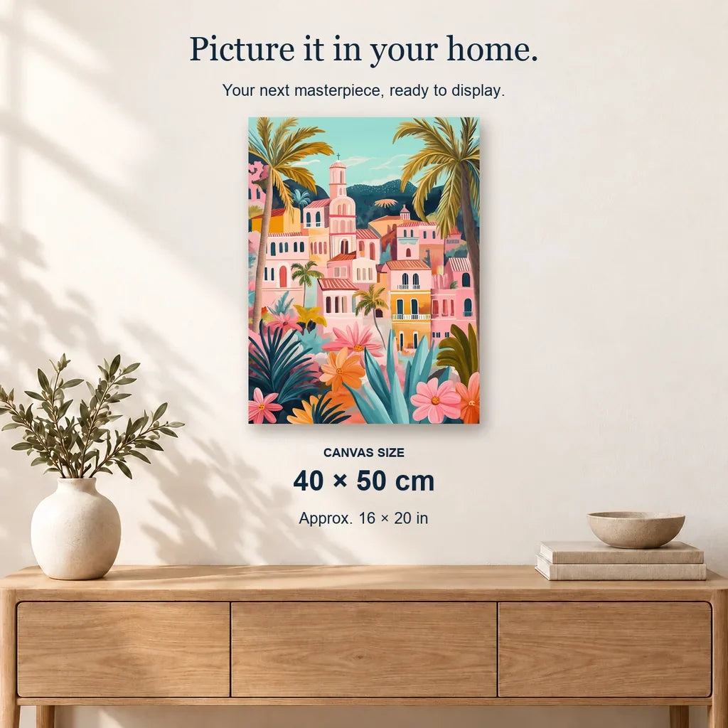 Lively Pathways displayed on a sunlit wall above an oak cabinet. Canvas size 40 × 50 cm.