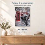 London Art displayed on a sunlit wall above an oak cabinet. Canvas size 40 × 50 cm.