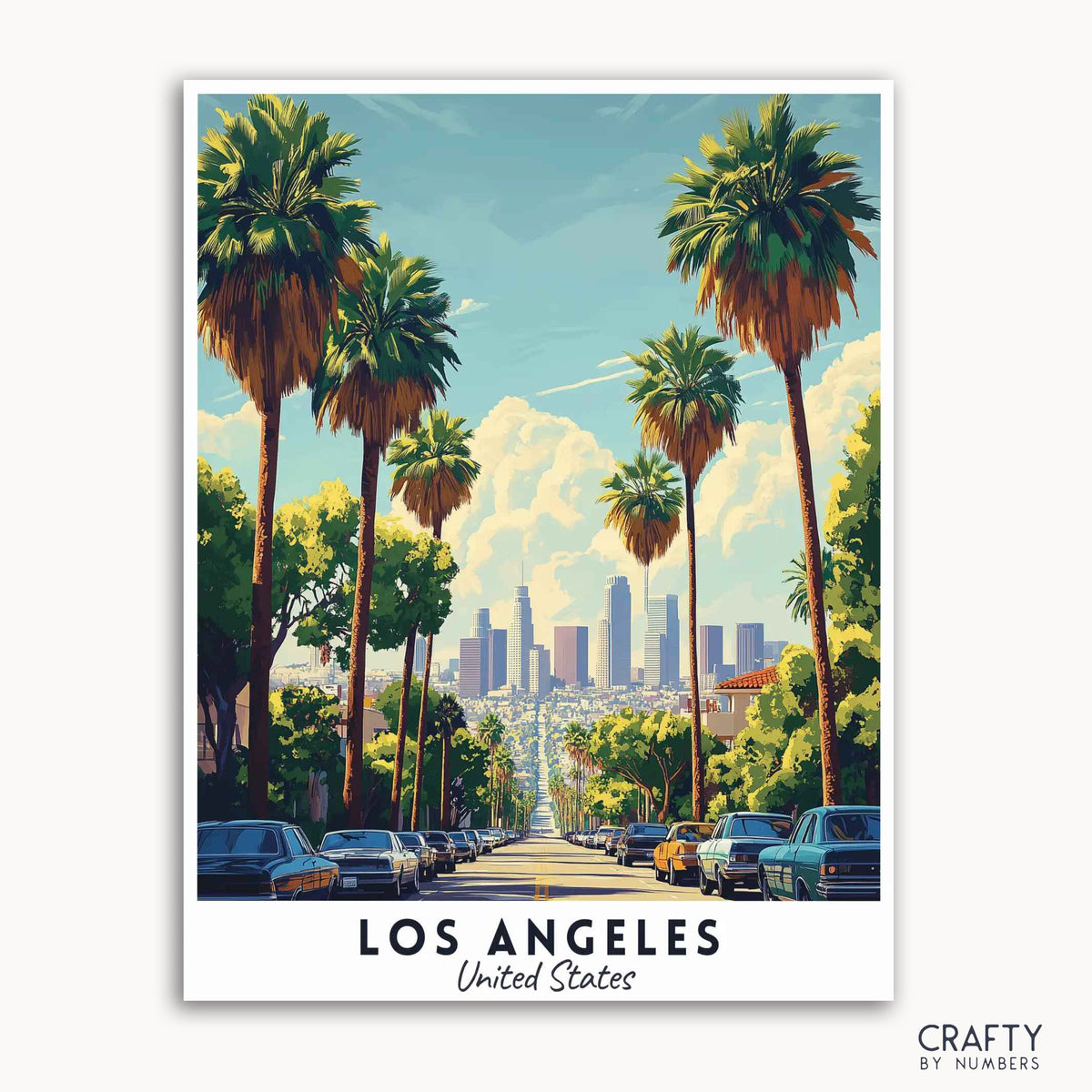 Ein Reiseplakat, das von Palmen gesäumte Straßen in Los Angeles mit einem klaren blauen Himmel und einer fernen Skyline zeigt.