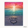 A paint by numbers kit depicting a beach scene with a sunset and the word 'LOVE' written in the sand.