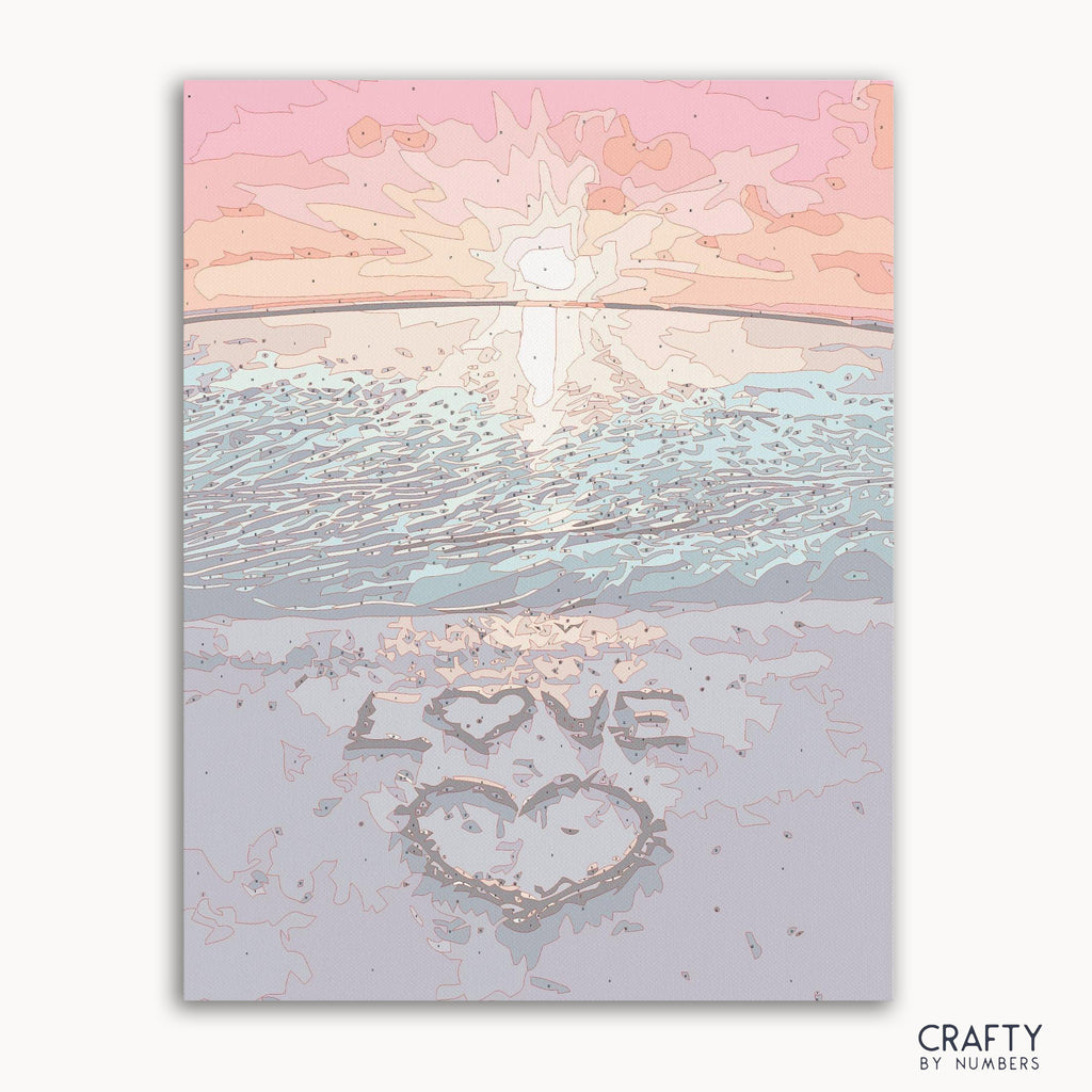 Numbered canvas preview for Love Beach, with lightly printed color sections.
