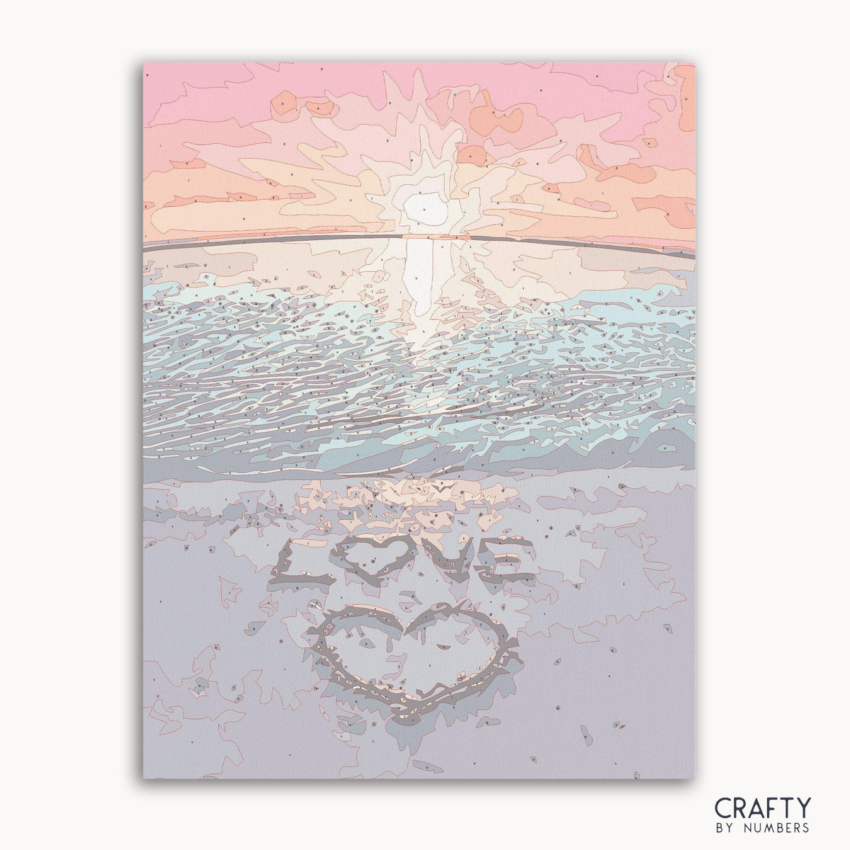 Die Titelseite des Malen-nach-Zahlen-Sets „Love Beach“ zeigt eine Strandszenenillustration