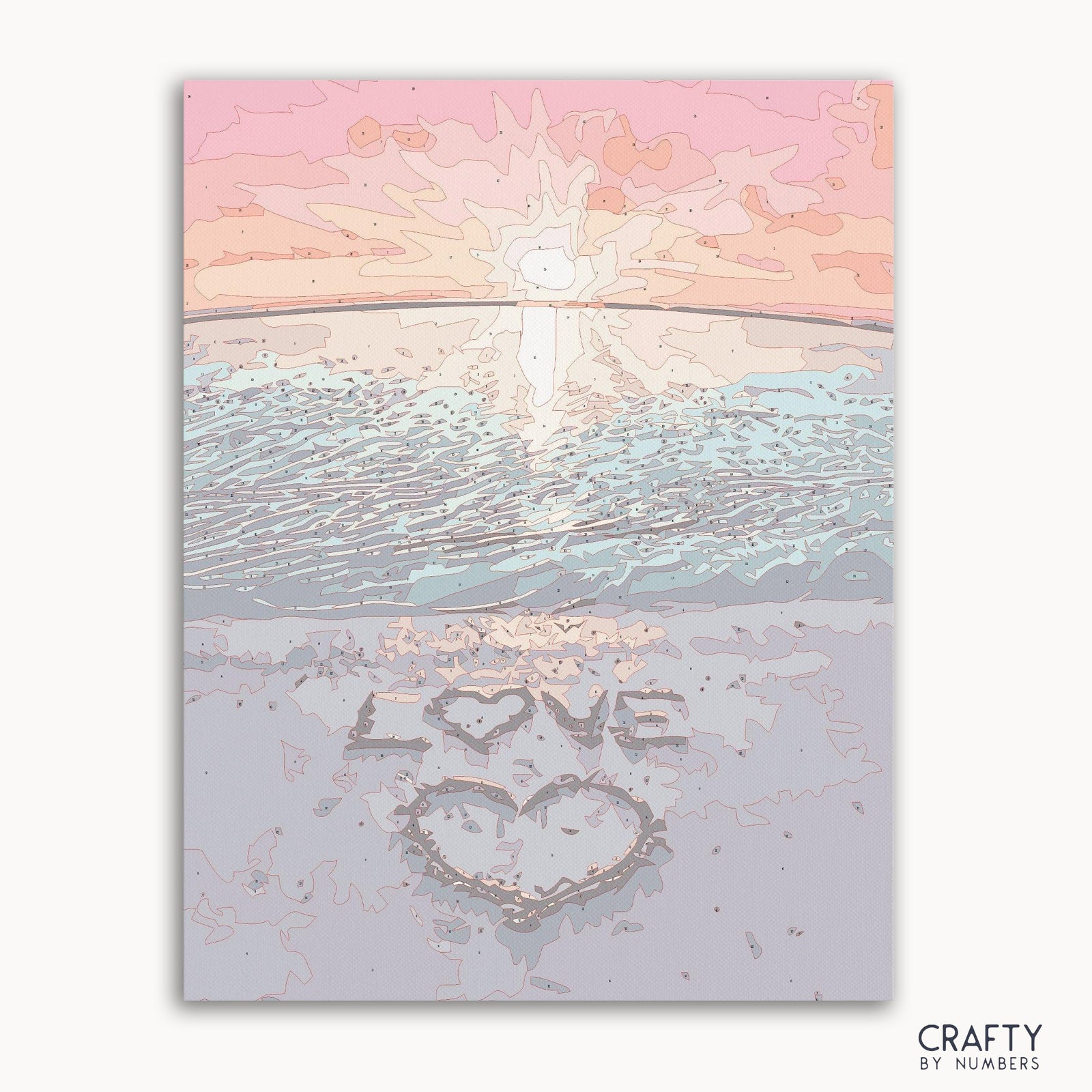 Die Titelseite des Malen-nach-Zahlen-Sets „Love Beach“ zeigt eine Strandszenenillustration