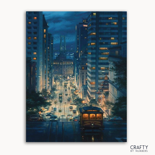 A paint-by-numbers kit depicting a night scene of San Francisco with a streetcar on the road.