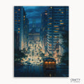 A paint-by-numbers kit depicting a night scene of San Francisco with a streetcar on the road.