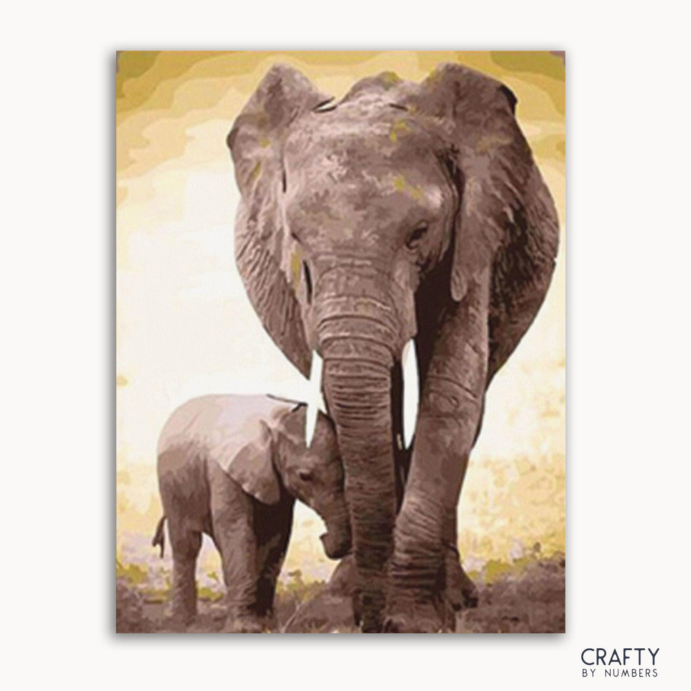 A paint-by-numbers kit image featuring a larger elephant and a smaller elephant, likely representing a father and son relationship, with a yellowish background.