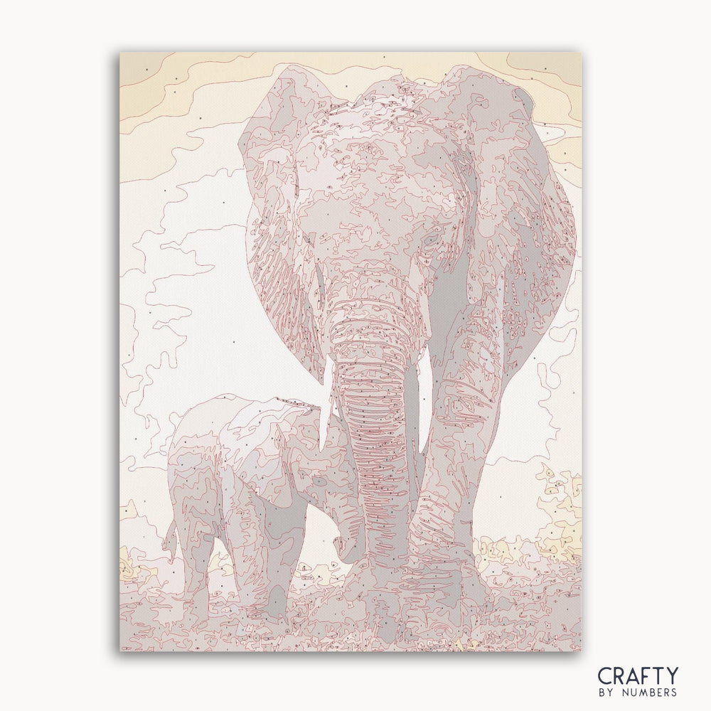 Father and son mammoths paint by number depicting a touching moment, inspired by famous paintings, vincent van gogh famous paintings, and most famous paintings.
