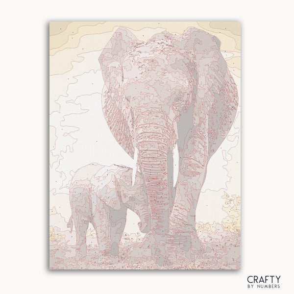 Father and son mammoths paint by number depicting a touching moment, inspired by famous paintings, vincent van gogh famous paintings, and most famous paintings.