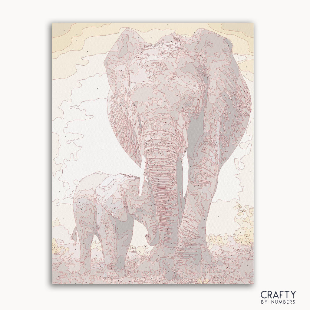 Numbered canvas preview for Father and Son Mammoths, with lightly printed color sections.