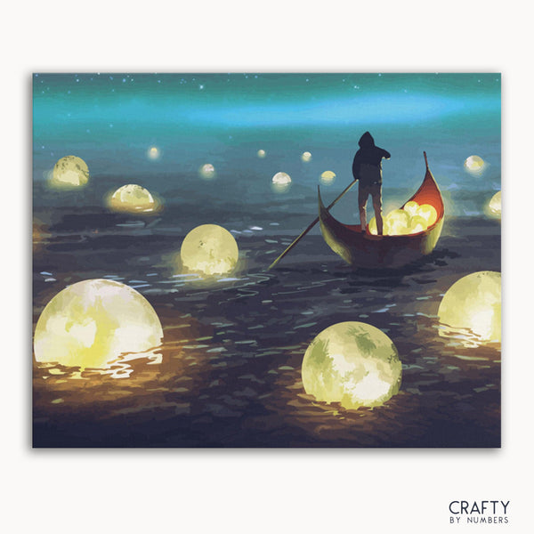 A paint-by-numbers kit image featuring a man rowing a boat among glowing moons in a body of water at night.