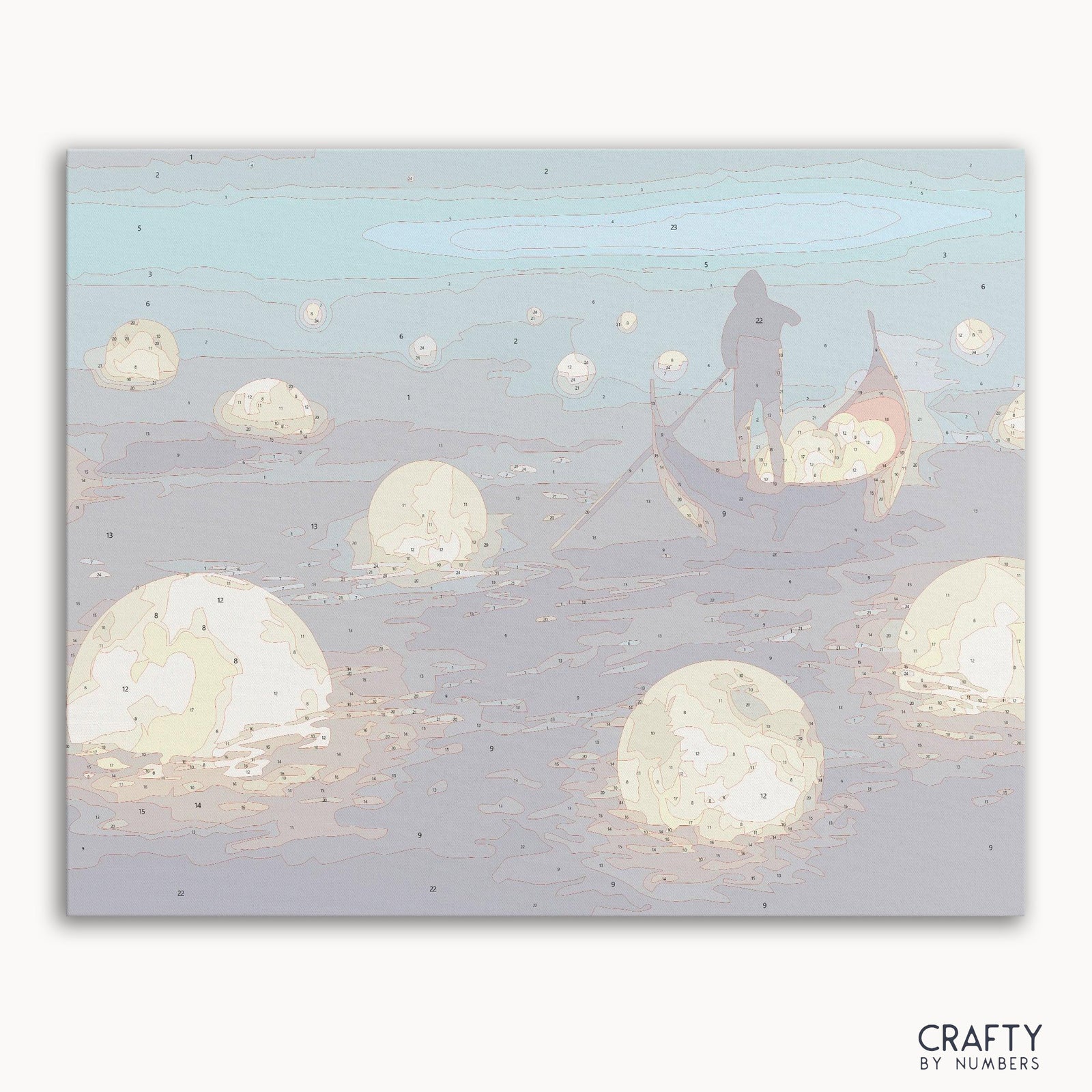 Man Rowing Among Glowing Moons paint by numbers kit with numbered canvas and paints