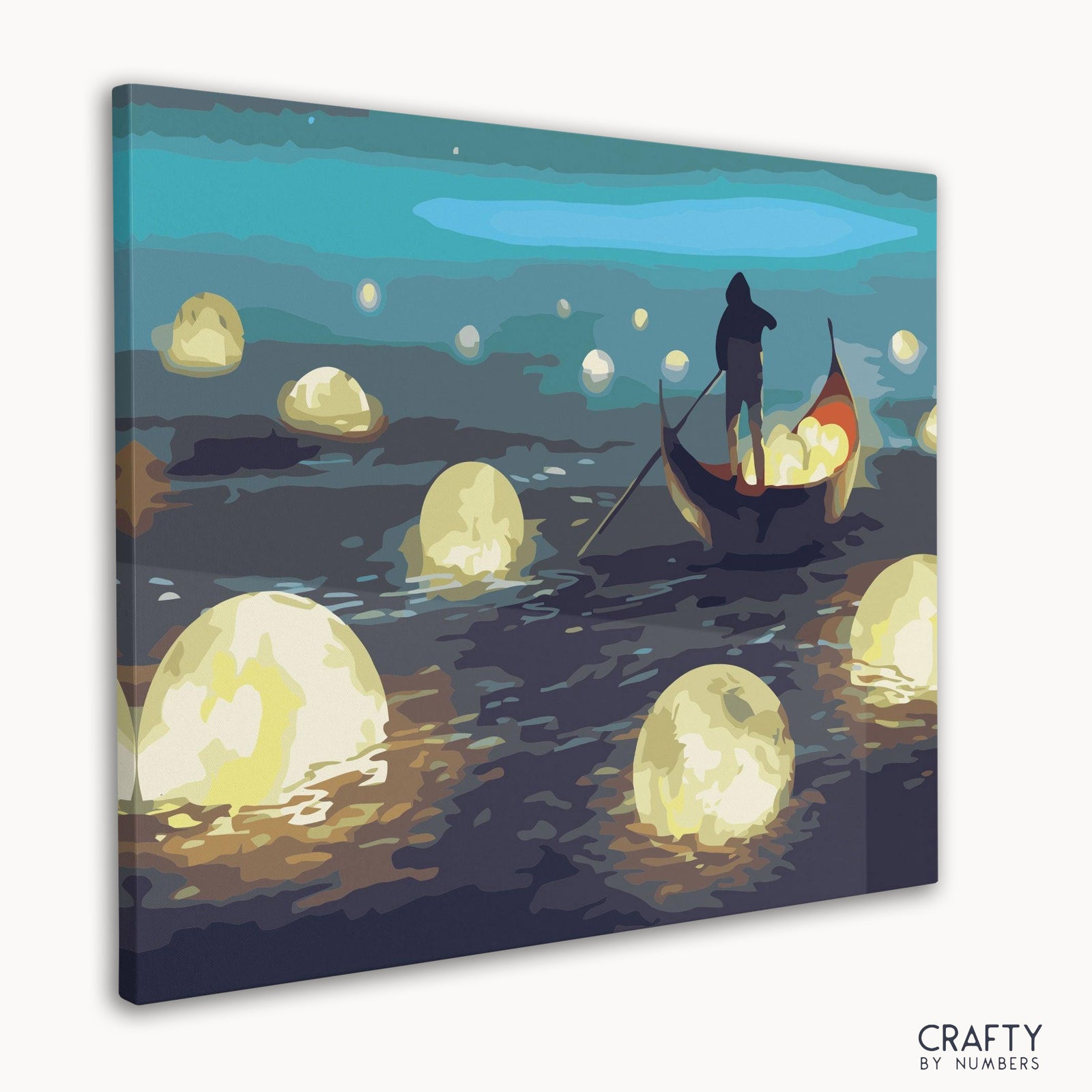 Close-up of man Rowing Among Glowing Moons on the numbered canvas