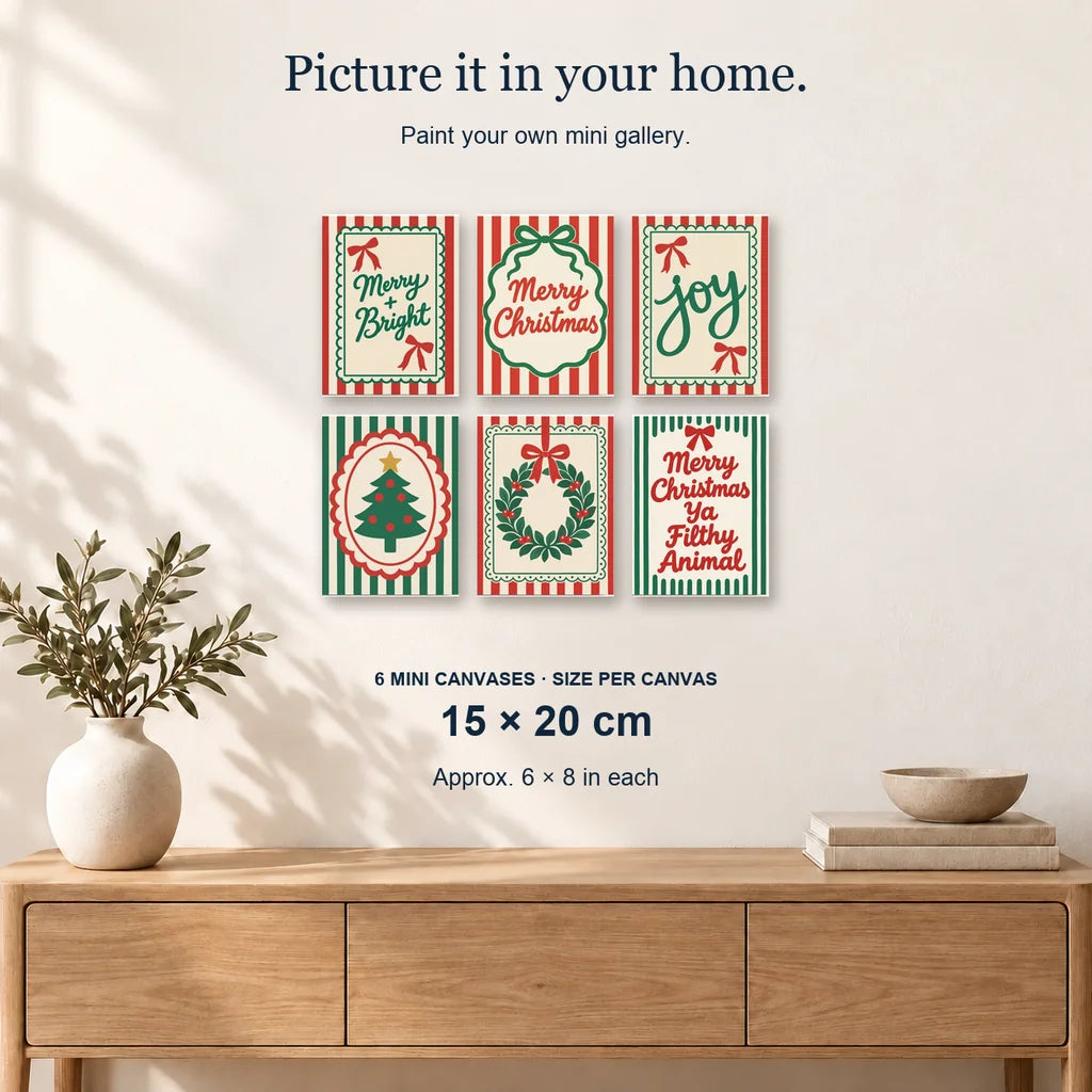 Merry Christmas | 6 Mini Kits: 6 mini canvases displayed on a sunlit wall, 15 × 20 cm each.