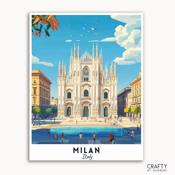 A travel poster depicting the Duomo di Milano, a famous gothic cathedral in Milan, Italy, with a clear blue sky, people, and a vibrant cityscape.