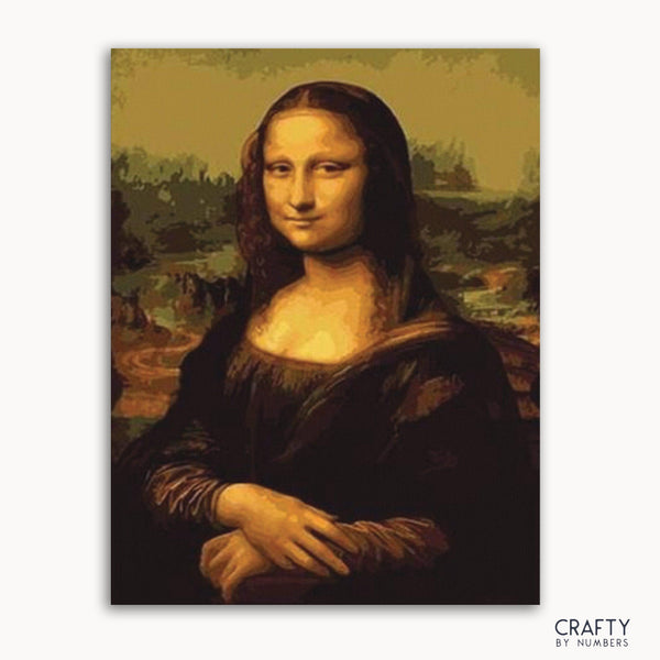 The image shows a paint-by-numbers kit version of the Mona Lisa, with numbers provided for each section to guide the painting process. The kit is branded by Crafts by Numbers.collection