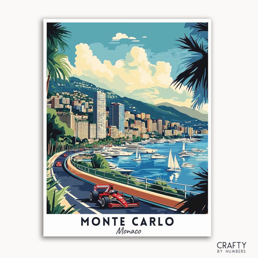 A travel poster depicting a vibrant scene of Monte Carlo, Monaco with a Formula 1 car on the road, luxury yachts in the harbor, and a cityscape in the background. The poster is colorful, featuring a clear blue sky, green palm trees, and a white and blue aesthetic.