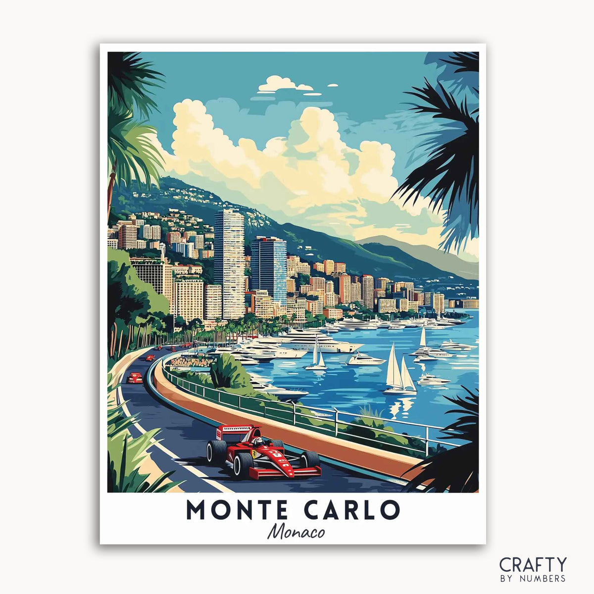 Ein Reiseplakat, das eine lebendige Szene von Monte Carlo, Monaco, mit einem Formel-1-Auto auf der Straße, Luxusyachten im Hafen und einer Stadtlandschaft im Hintergrund zeigt. Das Poster ist farbenfroh und zeigt einen klaren blauen Himmel, grüne Palmen und eine weiß-blaue Ästhetik.