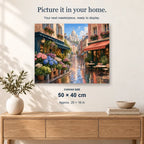 Montmartre Flower Morning displayed on a sunlit wall above an oak cabinet. Canvas size 50 × 40 cm.