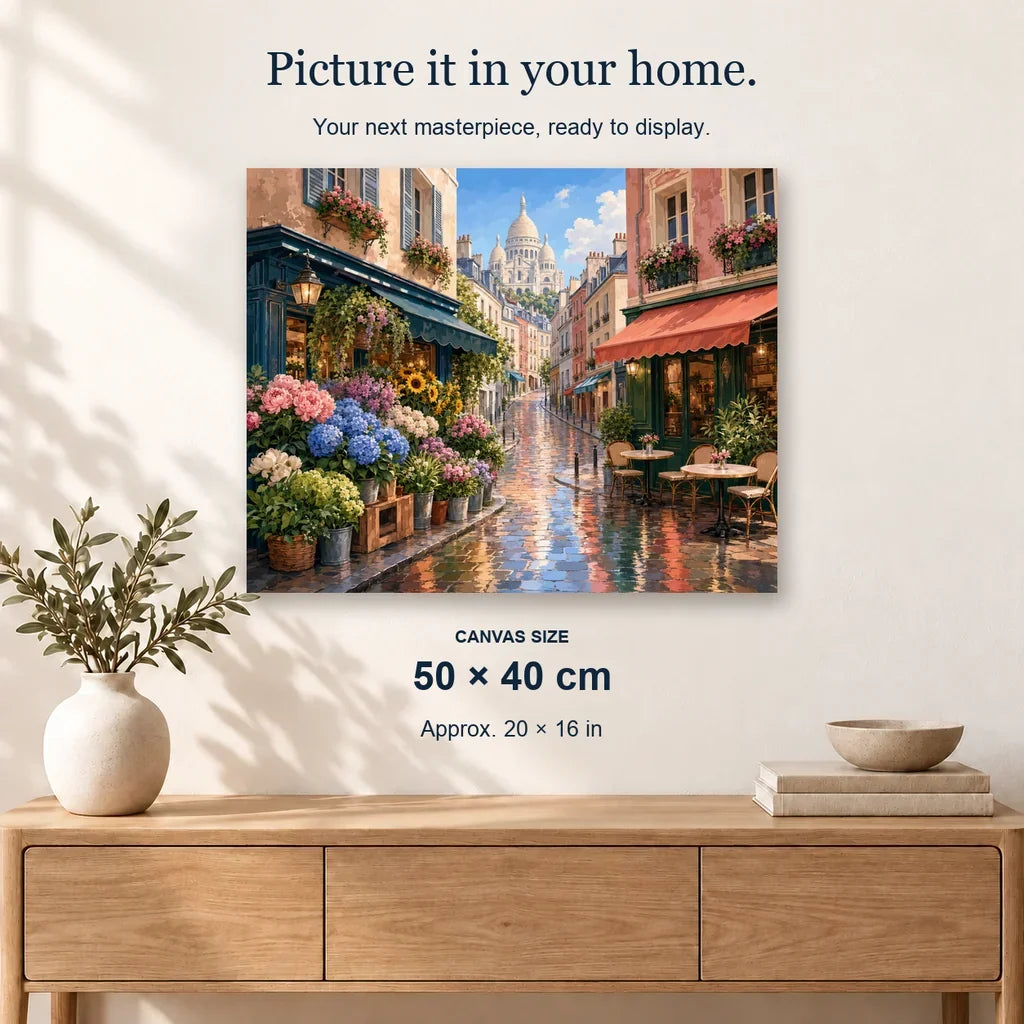Montmartre Flower Morning displayed on a sunlit wall above an oak cabinet. Canvas size 50 × 40 cm.