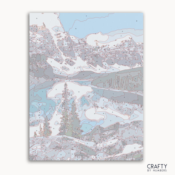 Moraine Lake paint by numbers kit front packaging with mountain lake scene