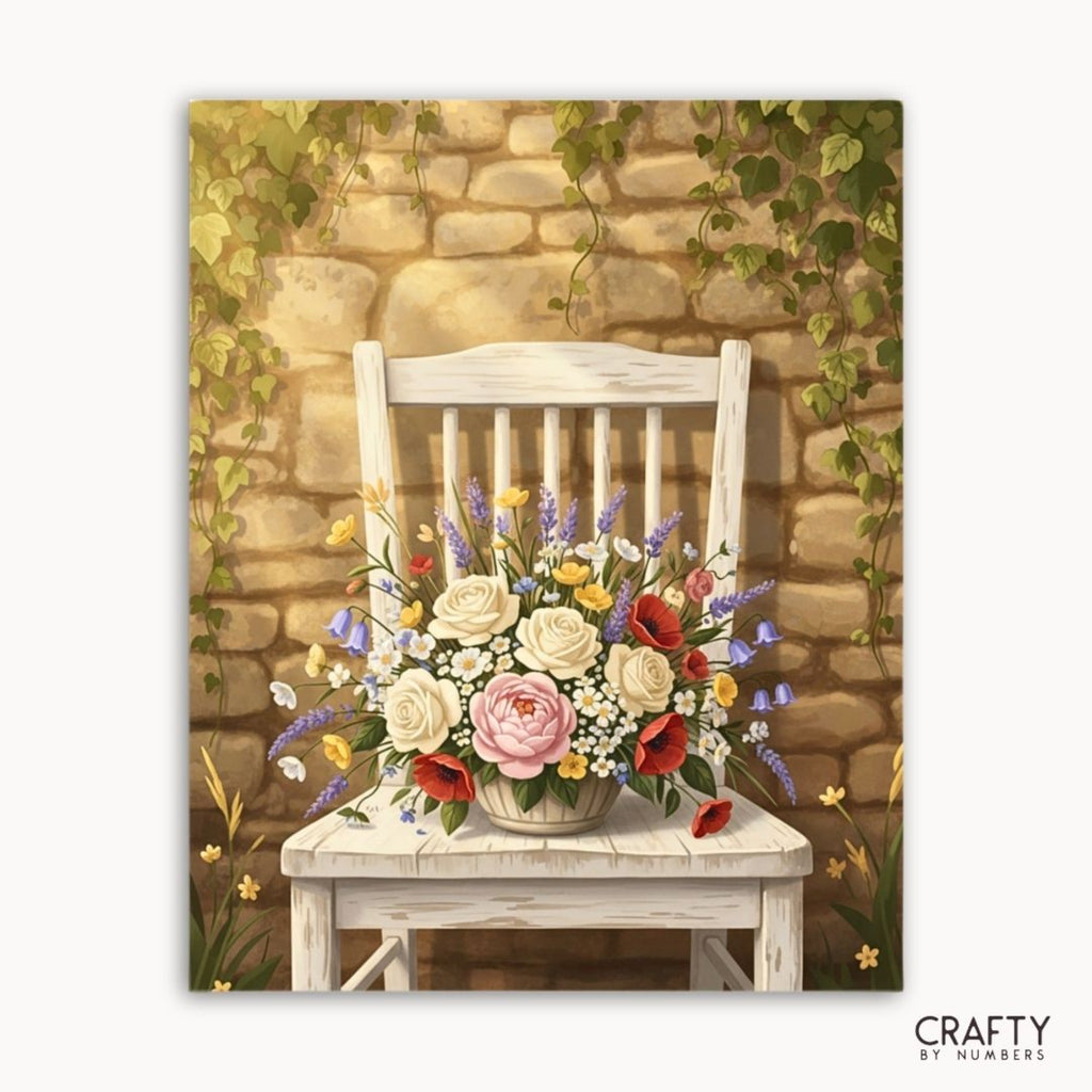 Floral arrangement on a white chair against a stone wall with ivy