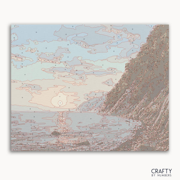 Mountain River Sunset paint by number featuring vibrant colors and famous paintings style with inspiration from vincent van gogh famous paintings.