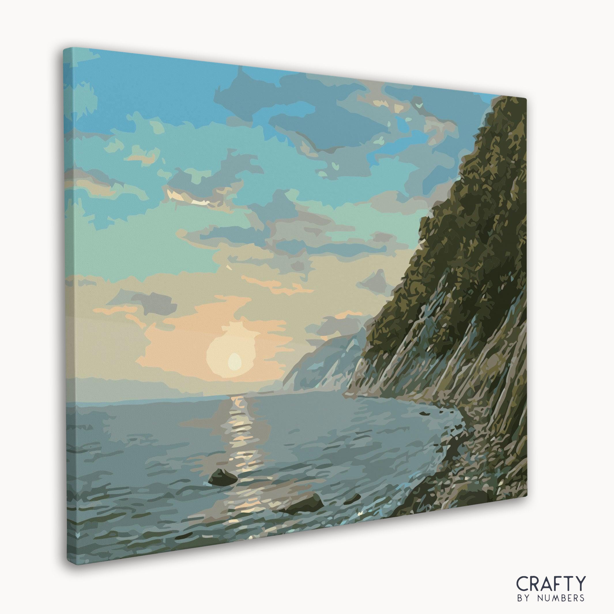 Detailed Mountain River Sunset paint by number artwork influenced by most famous paintings and famous landscape paintings techniques.