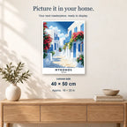 Mykonos Travel Poster displayed on a sunlit wall above an oak cabinet. Canvas size 40 × 50 cm.