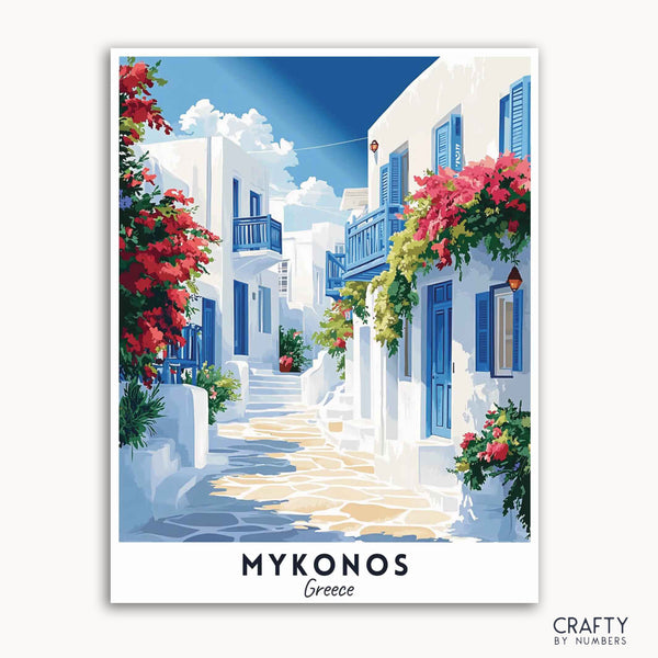 A travel poster depicting a vibrant scene with white buildings, blue accents, and colorful flowers, titled 'MYKONOS Greece'.