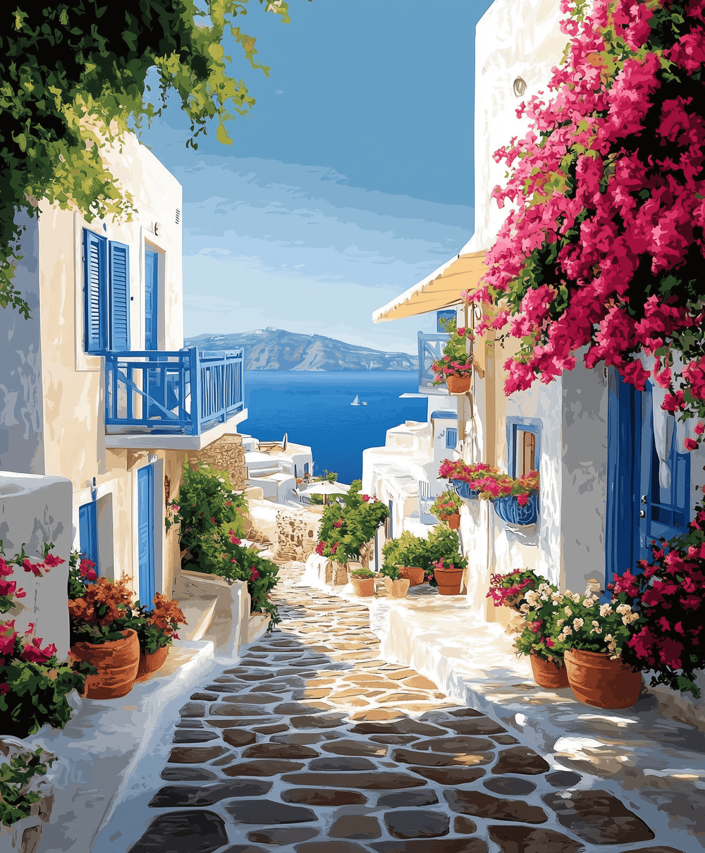 A vibrant painting depicting a sunlit village path with white buildings, blue accents, and pink bougainvillea, overlooking a blue sea.