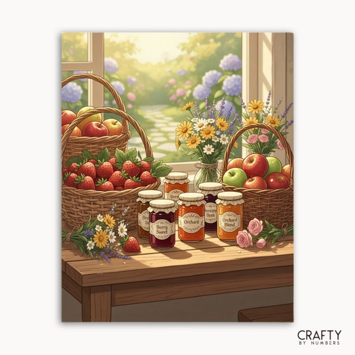 Canvas print of a rustic scene with fruit baskets, jars of jam, and flowers on a wooden table.
