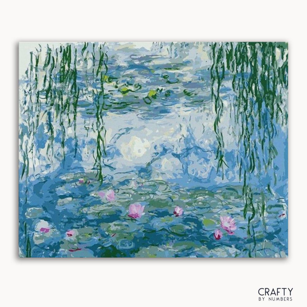 A paint-by-numbers kit featuring a reproduction of Claude Monet's water lilies artwork.