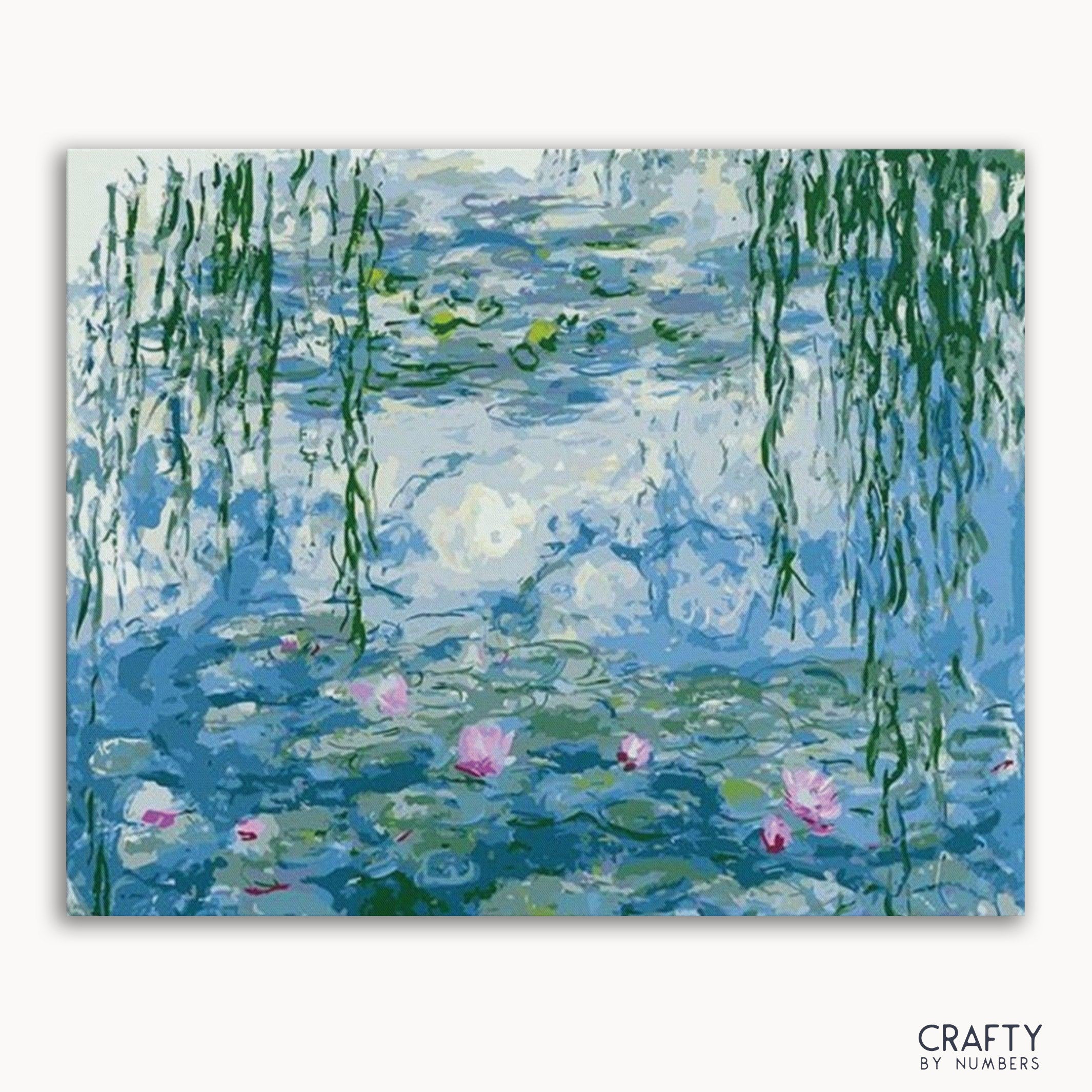 A paint-by-numbers kit featuring a reproduction of Claude Monet's water lilies artwork.