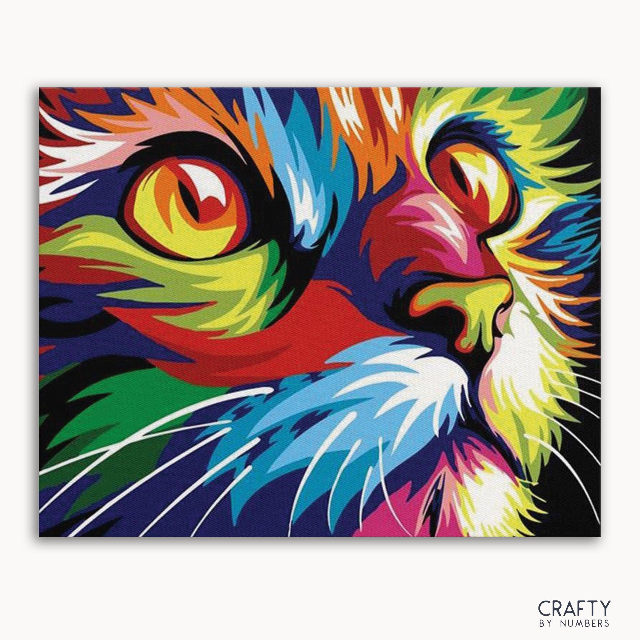 A colorful painting of a cat with a vibrant and neon color palette, with the brand 'Crafty by Numbers' visible at the bottom.