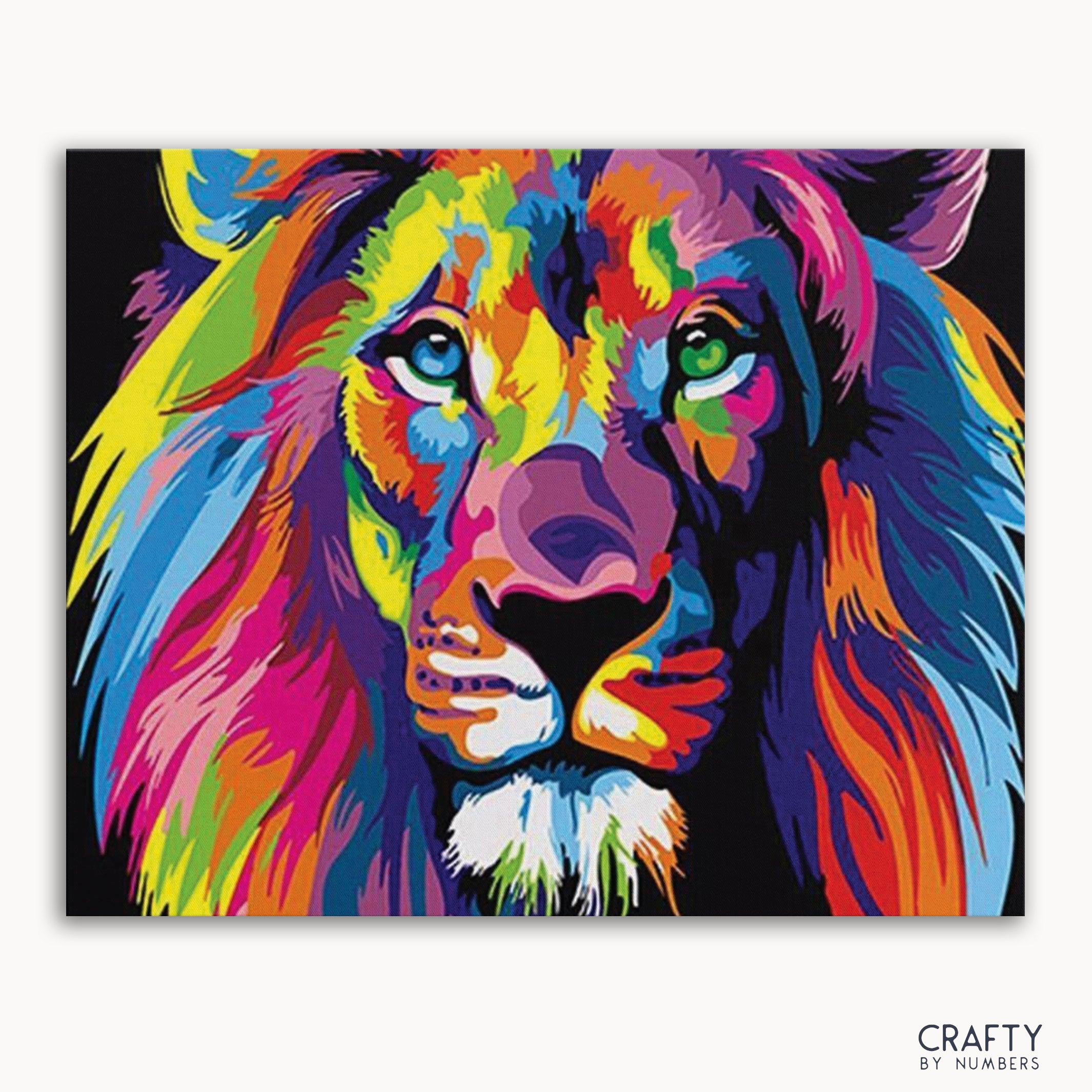 A colorful painting of a lion's face with vibrant neon colors.
