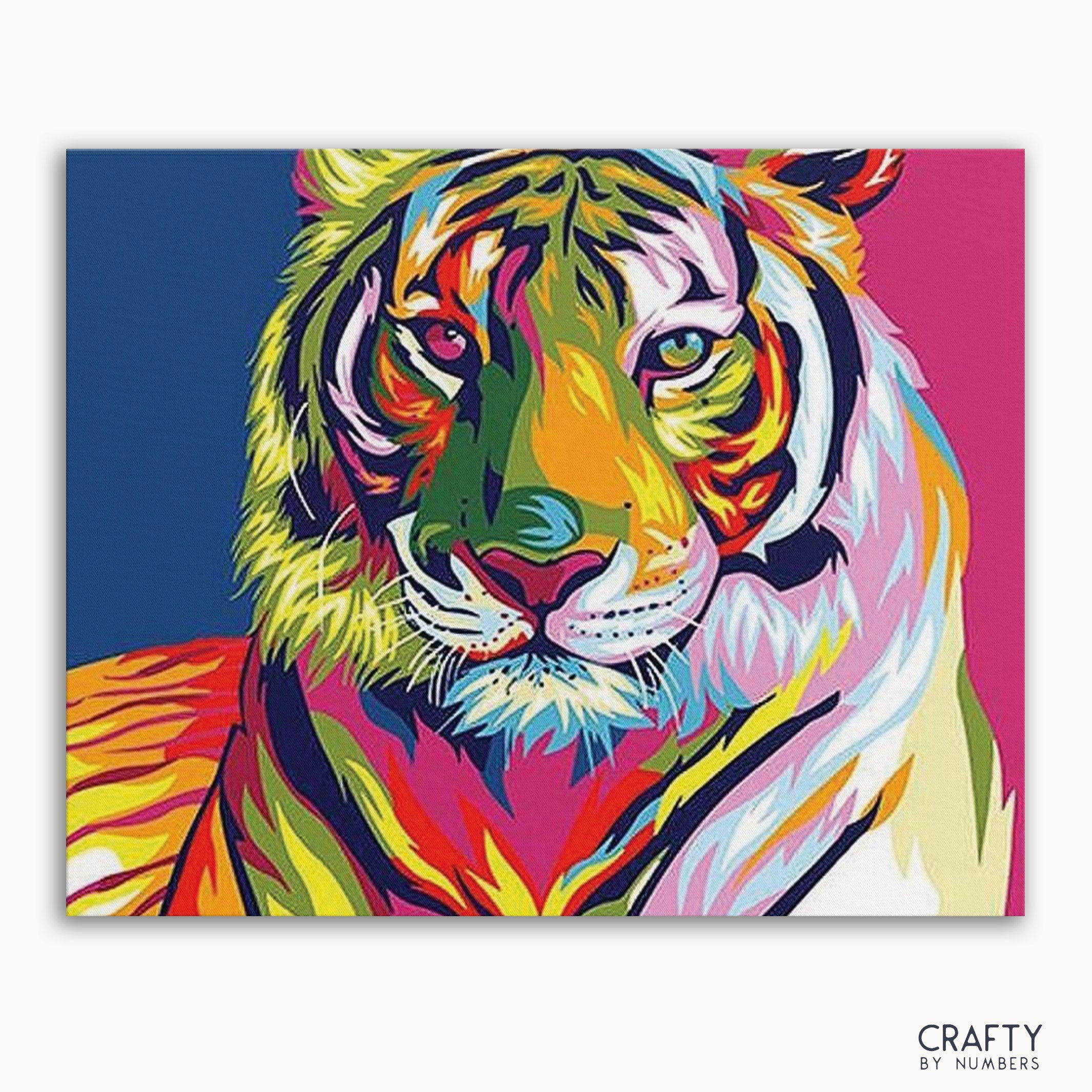 A colorful painting of a tiger with a neon color palette on a framed canvas.