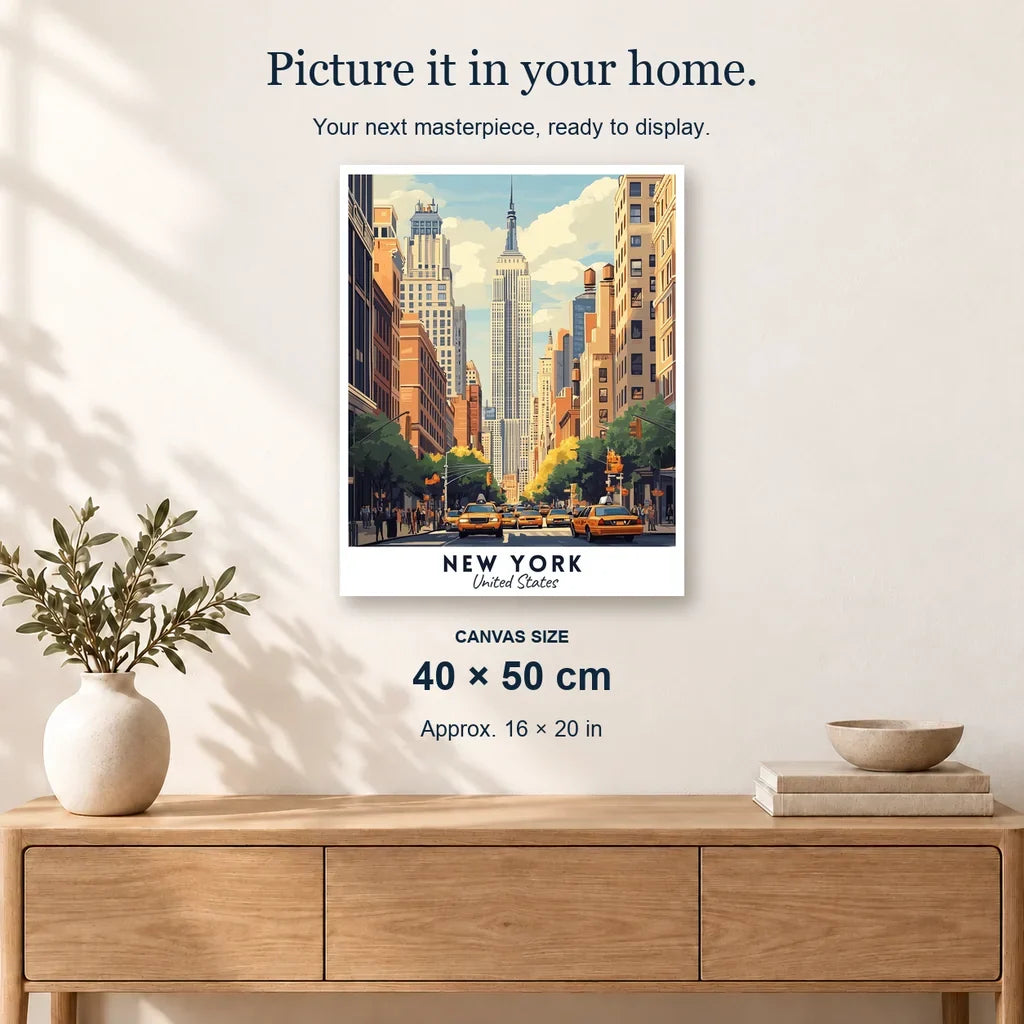 New York Travel Poster displayed on a sunlit wall above an oak cabinet. Canvas size 40 × 50 cm.